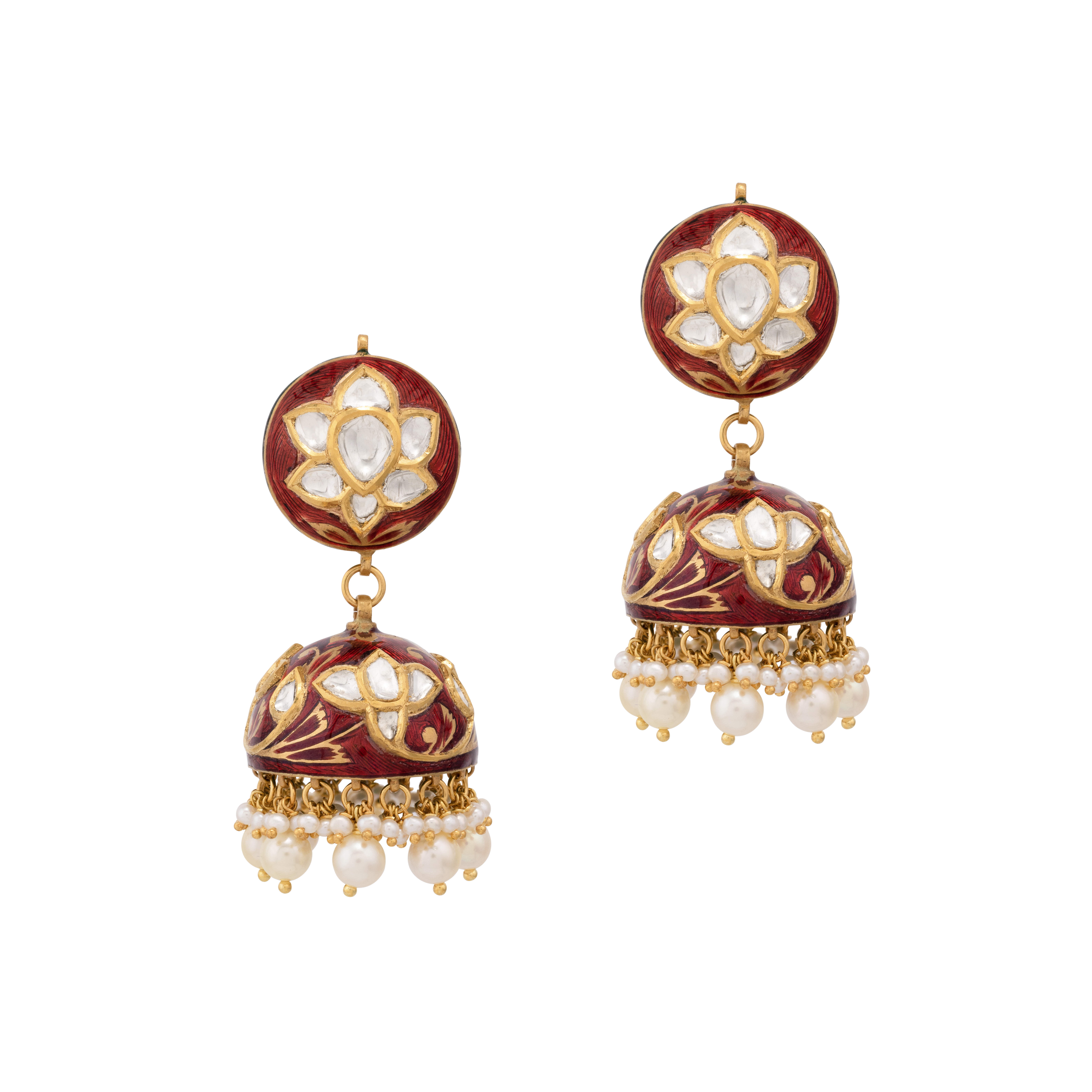 Floral Polki Jhumki with Red Enamel and Pearl Drops